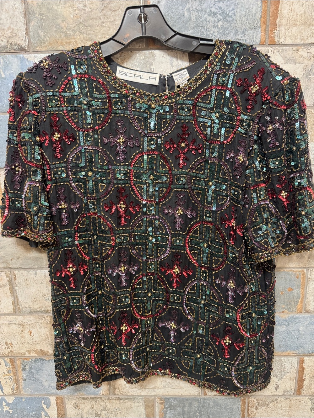 Scala Black Short Sleeve Beaded Geometric Top